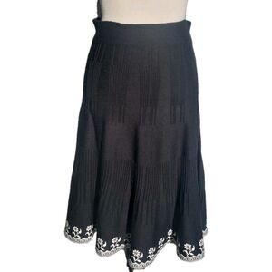 Lapis Skirt S Black Pull On Midi Knit Stretch Flowy Boho Floral Hem Fit & Flare